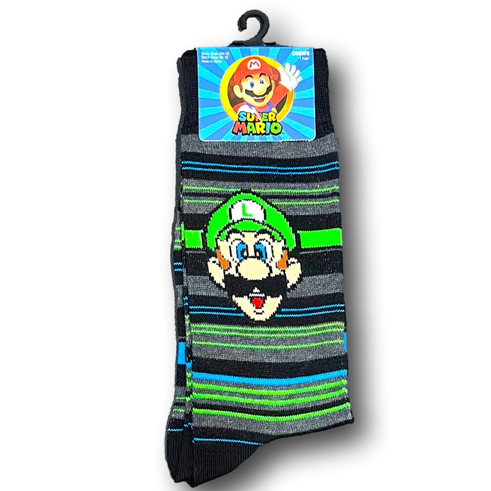 3/$20 Super Mario Bros Luigi & Stripes Funny Novelty Crew Socks - NWT